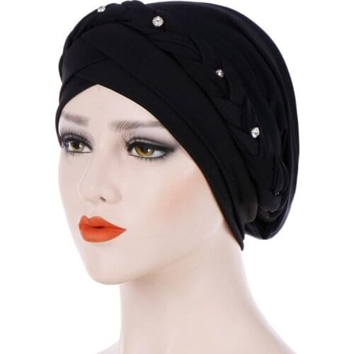 Women Solid Color Diamonds Braid Hijab Caps Muslim Head Scarf Turban Islamic Headwrap Cap Ladies Hair Care Chemo Beanie Hat