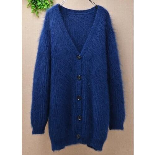 Ladies women medium long thicken warm V-neck genuine plush mink cashmere angora rabbit knitting cardigan sweater fur coat mantle
