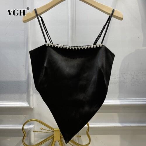 VGH Sexy Black Diamonds Vest For Women Square Collar Sleeveless Lace Up Bowknot Korean Slim Camis Female 2021 Summer Fashion New