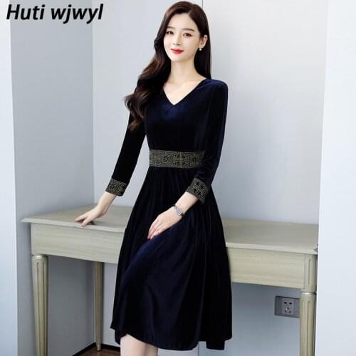 2021 Korean Elegant Women Vestidos 3XL Plus Size Autumn Winter Bodycon Party Midi Dress Vintage Gold Velvet Casual Hepburn Dress