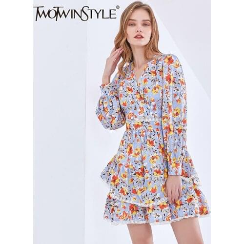TWOTWINSTYLE Elegant Patchwork Ruffle Dress For Women V Neck Long Sleeve High Waist Print Dresses Female Fashion New Clothing