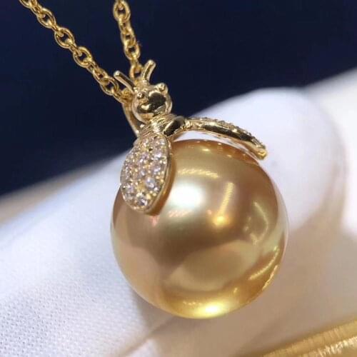 D908 Pearl Pendant Fine Jewelry 18K Solid Gold Round 13-14mm Nature Sea Water Golden Pearls Pendants Necklaces for Women Gifts