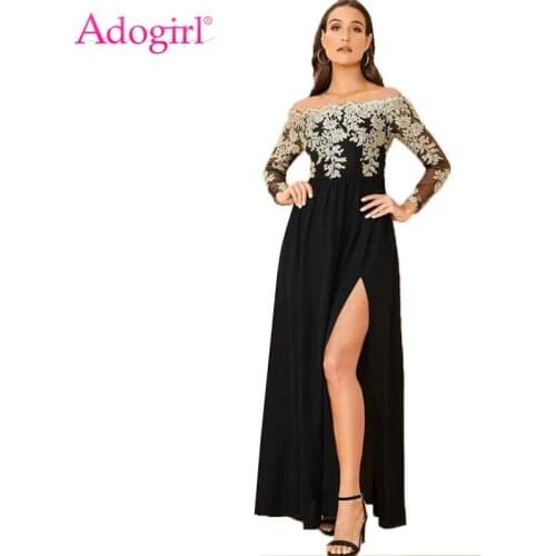 Adogirl 2020 Spring Lace Embroidery High Slit Maxi Party Dress Elegant Women Sexy Off Shoulder Sheer Mesh Long Sleeve Club Dress