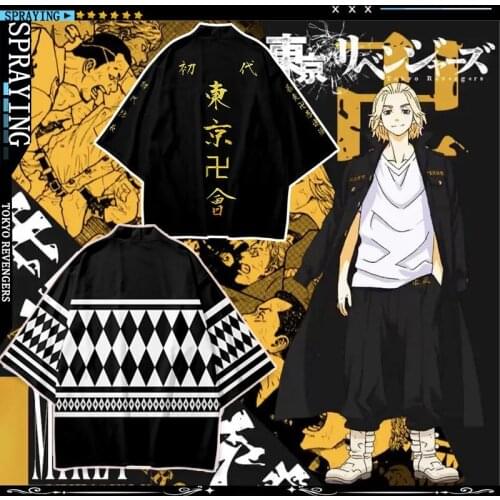 Anime Tokyo Avengers Cosplay Cloak Bad Boy Black White Top for Summer Hanagaki Takemichi Ken Ryuguji Haori Kimono Tee Men Shor