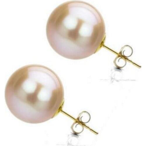 Free Shipping 10-11mm round south seas pink pearl earring 14 yellow gold
