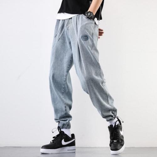 Autumn Mens Jeans Ankle-Tied Fashion Baggy Jeans High Street Elastic Waist Capri Trendy Retro Distressed Jeans Hip Hop Pants