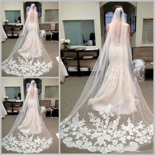 Smart Long Veils Bridal Hair Chapel Lace Applique edge Tulle Wedding Bridal Veils New 2022