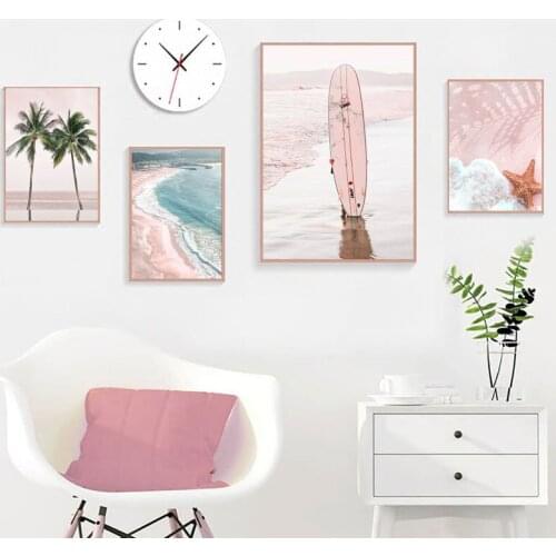Coconut Tree Pink Beach Surfboard Parasol Wall Art Canvas Painting Nordic Posters And Prints Wall Pictures For Living Room Decor
