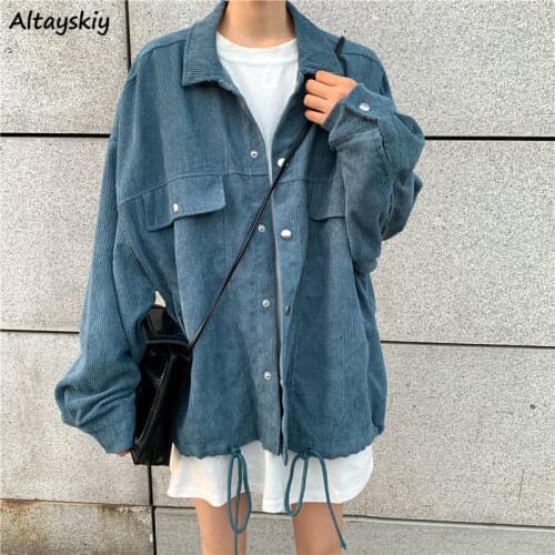 Jackets Women Vintage Oversize Loose Harajuku Solid Corduroy Cargo Coats Drawstring Hem Womens Retro Outwear Femme 2020 Autumn
