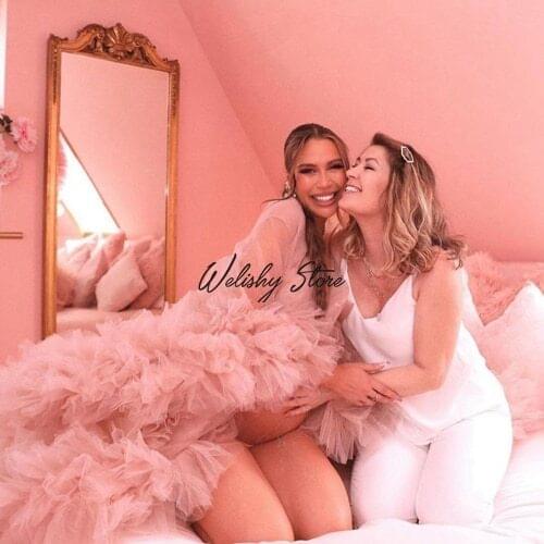 Sweet Pink Maternity Tulle Dresses Women Extra Puffy Long Formal Evening Party Robes Photo Shoot Ball Gown Robe De Soiree