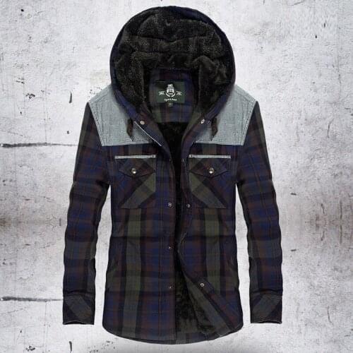 Cool Mens Winter Spring Clothing Warm Fleece Jacket Shirts Overcoat 100% Cotton Thicken Plaid Hooded Jackets Hombre Windbreaker