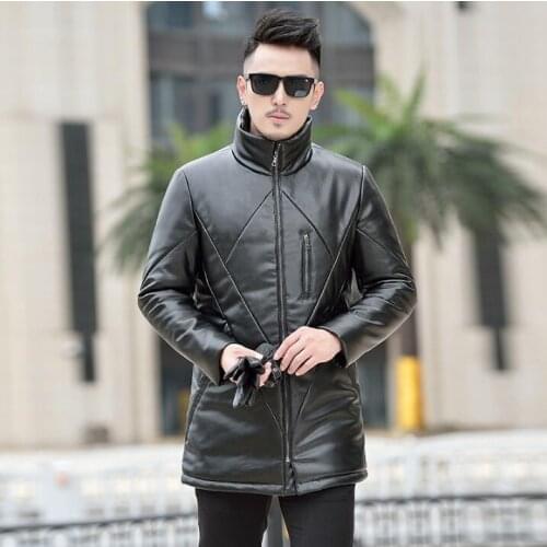 HOT Winter new mens leather down jacket long male Business casual slim Korean stand collar Fur coat men warm plus size jackets