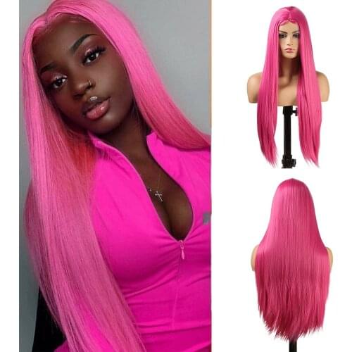 Wigs with Baby Hair Natural Heat Resistant Fiber Hair Synthetic Wig for Women Silky Straight Machine Made Wig Rose Pink Color