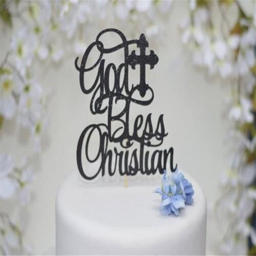 Personalized God Bless Baptism Cake Topper with cross - for him ~ for boy - Custom Black Cake Topper,happy Birthday