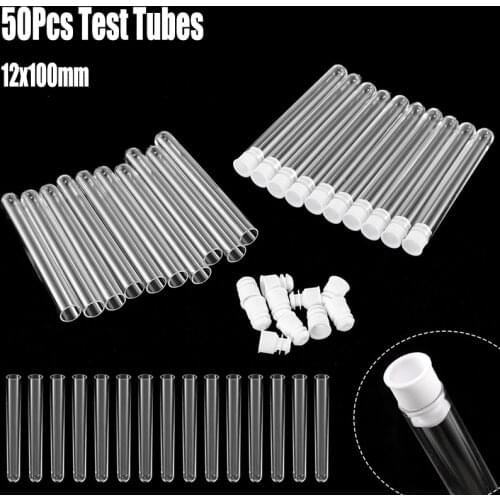 50Pcs/Pack 12x100mm Transparent Laboratory Clear Plastic Test Tubes Vials With Push Caps School Lab Supplies