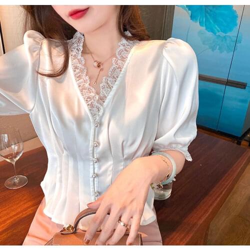 FRANATO shirts Summer sweet lace white close waist short sleeve shirt