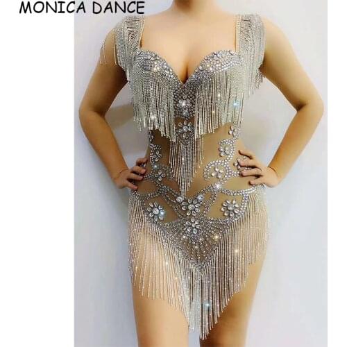 Sexy Stage Sparkly Silver Rhinestone Fringe Transparent Bodysuit Women Dancer Show Celebrate Outfit Prom Bar Birthday Bodysuit