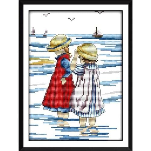 Sisters on Beach Stamped Cross Stitch Kit Pre-Printed Pattern Embroidery Kit Fashion Crafts Home Art Decoration