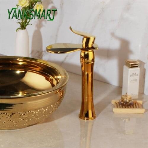 YANKSMART Golden Waterfall Spout Basin Vessel Sink Faucet Deck Mount Golgen Brass Hot Cold Mixer Bathroom Chrome Vanity Sink Tap