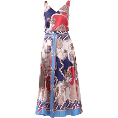 PERHAPS U Red Apricot Fashion Print V Neck Sleeveless Sling Backless Zipper Midi Skirt Two-piece Set Summer T0175