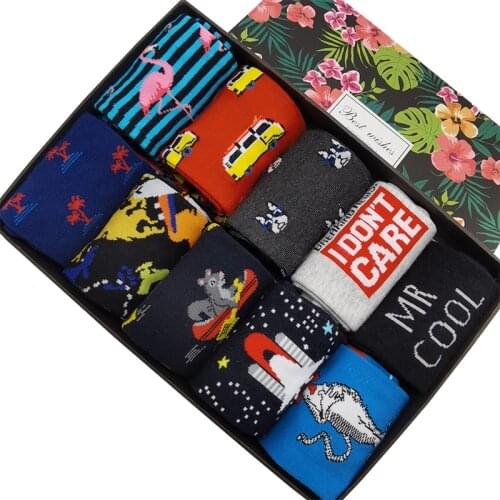 10 Pairs/Pack Mens Funny Happy Socks Men Women Novelty Funky Colorful Fun Art Design Large Size Combed Cotton Dress Long Socks