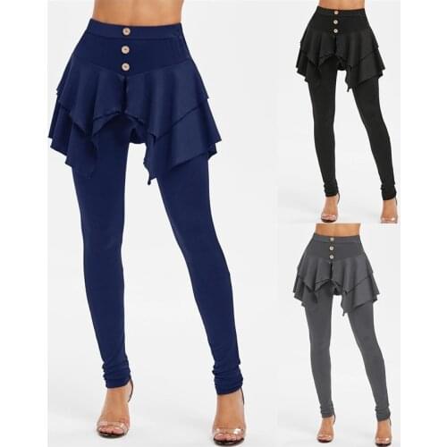 Women Solid Color Ruffle Irregular Elastic High Waist Long Pants Layered 3-Button Mini Skirt Long Trousers Pencil Pant Casual