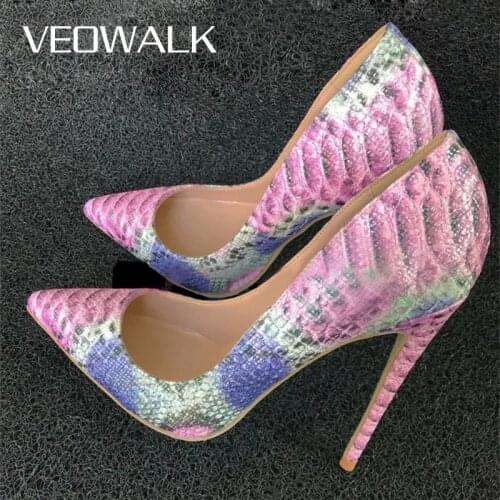 Veowalk Colorful Croc-effect Women Sexy Stiletto Pumps Pointed Toe Slip On Basic High Heels Chic Ladies Party Shoes Size 33-45