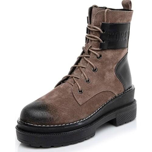 ADBOOV Side Zip Genuine Leather Boots Women Cow Suede Motorcycle Ankle Boots Fur Lining Winter Shoes Female