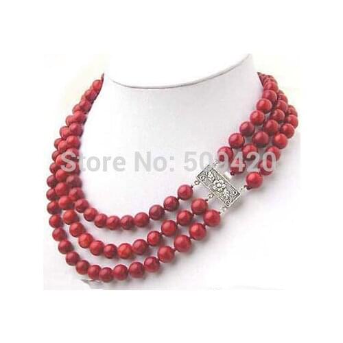 Women Gift word Love Jewelry W&O655 >3 Rows 8 mm Red Coral Beads Flower Clasp Necklace natural Luxury Ms. girl Wedding Jewelry