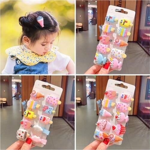 10PCS Kids Lovely Hairpins Girls Cute Cartoon Ice Cream Unicorn Hair Clips Headband Barrettes New Fashion Hair Accessories 3cm