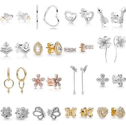 2019 NEW 100% 925 Sterling Silver Shine Flower Stem Small Asymmetric Hearts of Love Hoop Earring Fit DIY Women Original Jewelry