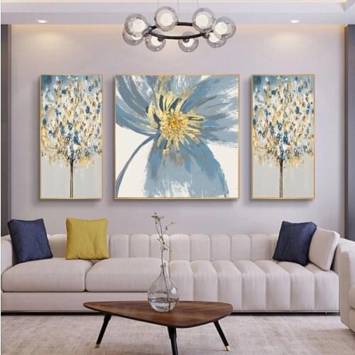 3 Panels Blue Gold Flower Oil Painting Printed on Canvas Modern Nordic Flower Picture Decorative Abstract Poster and Prints Art