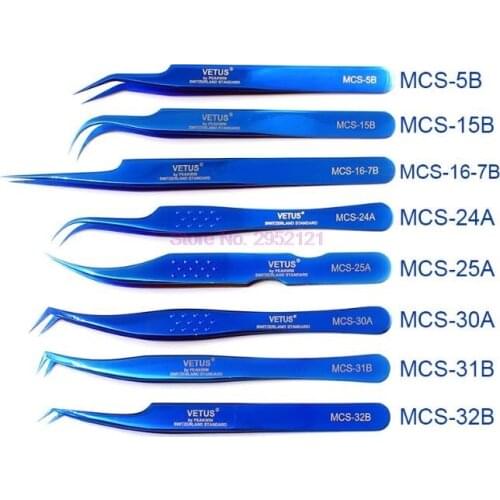 50pcs VETUS Original MCS New Style Colorful Eyelash Tweezers Super Fine Closure Tip Tweezers
