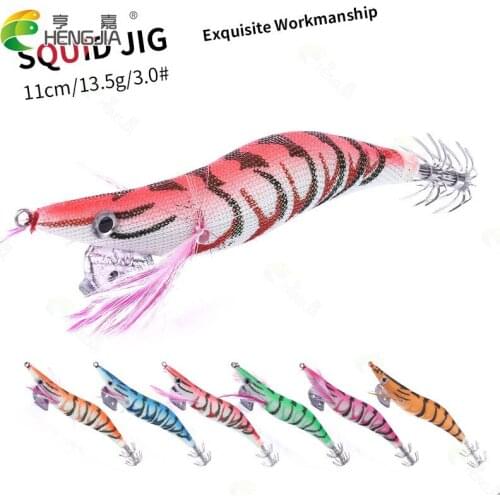 6PCS 11CM 13.5G 3.0#Squid Jigs wooden faux shrimp fishing lures pike peche fishing Baits isca pesca fishing tackles