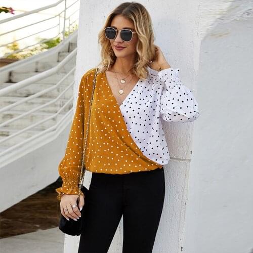 Polka Dot Print Patchwork Blouse Women Spring Casual V Neck Long Sleeve Tunic Tops Loose Tee Shirt Fashion Woman Blouses 2020