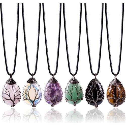 Natural 6 Colors Opal Stone Tree of Life Rope Chain Pendants Necklace Women Handmade Wire Wrap Water Drop Crystal Men Necklace