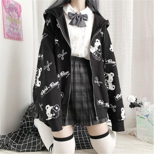 Black Cartoon Bear Hoodie Streetwear Hip Hop Women Gothic Sweatshirts Casual Autumn High Street Hoodies Funny Harajuku Tops Male