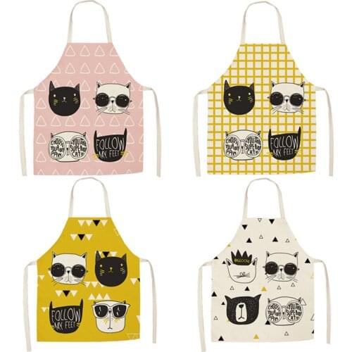 Lovely Cartoon Cats Kitchen Aprons for Women Cotton Linen Bibs Household 53*65cm Cleaning Pinafore Home Cooking Apron