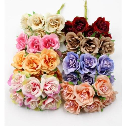6pcs/lot 3cm artificial flower silk stamen rose bouquet wedding home decoration DIY garland scrapbook gift box craft flower