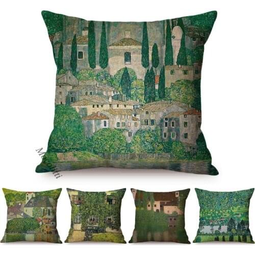 Famous Painter Gustav Klimt Flower Grass Farmhouse Vintage Rural Scenery Oil Painting Decorative Pillow Case Sofa Cushion Cover