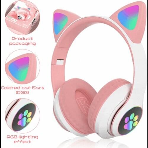 Flash Light Cute Cat Ear Headphone Bluetooth Wireless Headset Stereo Music Helmet Gaming With Microphone Phone Earphone Gift