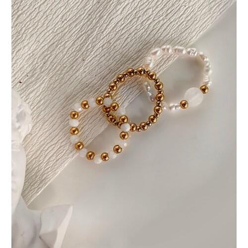 Freshwater Pearl 3 Rings Set Green Natural Stone White Jade Stainless Steel Bead Ring for Women Girls Birthday Gifts 2021 New