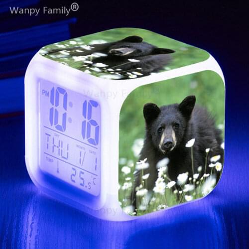 Large Animal Black Bear Alarm Clock 7 Color LED Glowing Digital Alarm Clock Kids Birthday Gift Multifunction Flash Watche Clock