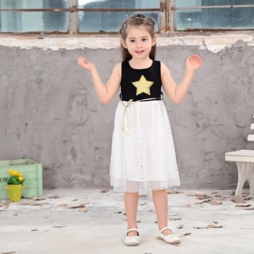 New Summer Beach Dresses for Girls Lace Splice Pentagram Vestidos Children Black White Vest Girl Sequin Party Dress Kids Clothes