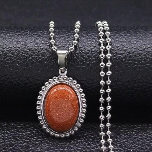 Sandstone Stainless Steel Charm Necklaces Women/Men Silver Color Oval Long Chain Necklaces Jewelry cadenas mujer N4519S05