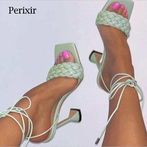 Perixir Design Women Sandals Ankle Strap Open Square Toe Hoof Heel Footwear Cross-Tied Rome Sweet Style Party Summer Lady Shoes