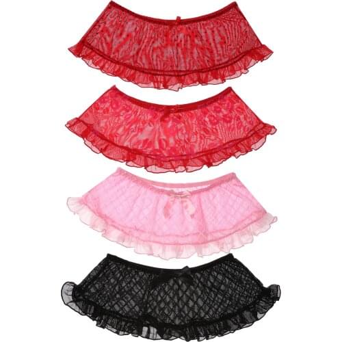 See-Through Mesh Skirt Sissy Underwear Lingerie Lip/Dots/Plaid Pattern Lace Sexy Exotic Sex Nightwear Ruffles Miniskirt for Men
