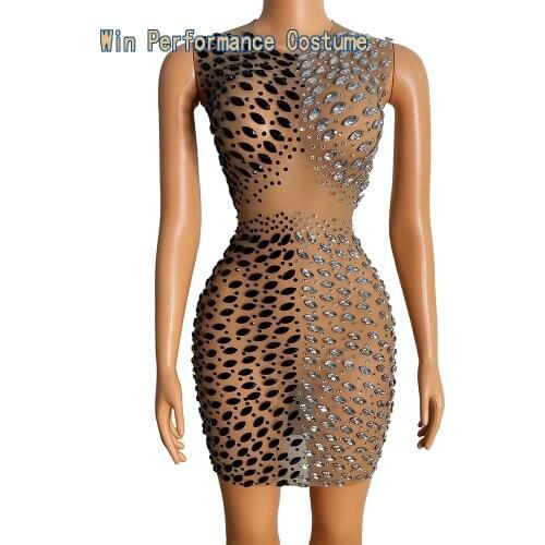 Silver Stones Sleeveless Transparent Dress Birthday Celebrate Stretch Mesh Dress Stage Dancer Bar Singer Dress 2 contrastcolors