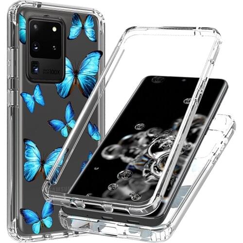 2 in 1 Clear Case for Samsung Galaxy S20 Ultra 5G SM-G988 Hard PC Bumper + Soft Blue Butterfly TPU Phone Protective Back Cover