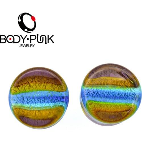 BODY PUNK European Style Glass Rainbow Stripe Foil Plug Ear Expander Body Piercing Earrings Tunnels Jewelry Ear Plugs 8-25mm 045